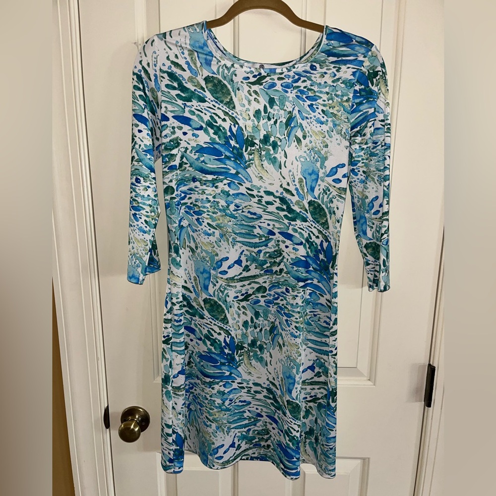 Jean-Pierre Klifa Elegant Blue and Green Patterned 3/4 Sleeve Dress Sz XS